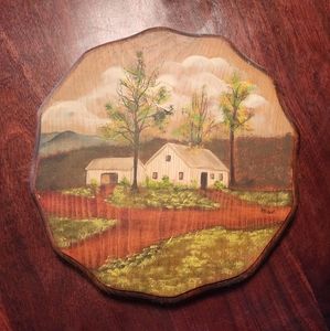 Wooden Hand Painted Farmhouse Scene Plaque